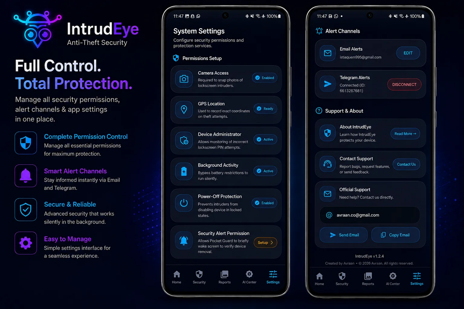 IntrudEye system settings screen for configuring Telegram bot alerts and security preferences