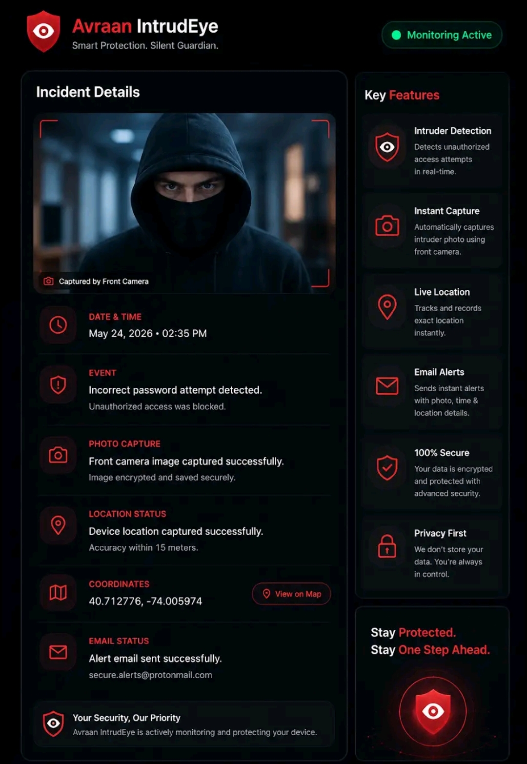IntrudEye incident details showing captured intruder photo, timestamp, location coordinates, and email alert status