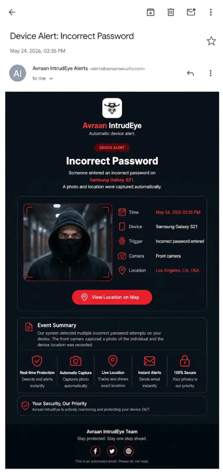IntrudEye email alert received in inbox showing device alert with intruder photo and location details